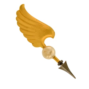 Karl Lagerfeld Vintage Brushed Gold and Gunmetal Baroque Pearl Cupid's Arrow and Wing Brooch Pin