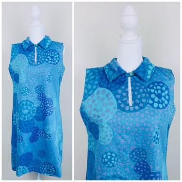 1970s Vintage Blue Abstract Print Cotton Dress / 70s / Seventies Kaleidoscope Shift Mini Dress / Size Medium 