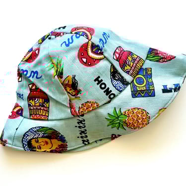 Vintage 70s Hawaiian Denim Hat Hula Girl Pineapple Floral Bucket Hat 1970s Hawaii Printed Waikiki Molokai Honolulu Boat Sun Wide Rim Hat 