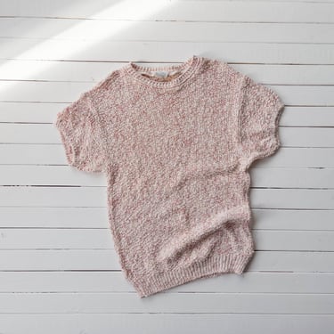 pink knit sweater | 80s 90s vintage white beige pink marled cotton lightweight hand knit short sleeve sweater 