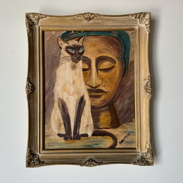 1966 Edna Myers Cat And Buddha  Oil Painting, Framed 