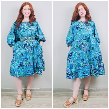 1990s Vintage Aria Turquoise Indian Cotton Swing Dress / 90s / Nineties Abstract Print Puffed Sleeve Dress / Size Large - XXL 