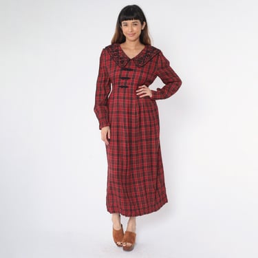 Vintage Long Plaid Dress 90s Red Maxi Floral Embroidered Tartan Checkered Print Puff Sleeve Pleated Dark Academia Ankle Length 1990s Large 