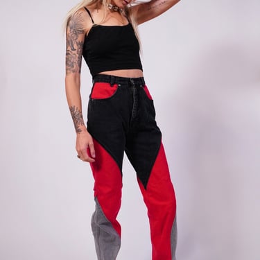 80s Western Jeans Color Block Red Black Gray High Waisted Straight Leg Western Pants Ultra High Rise Long Length 25 26 Waist 