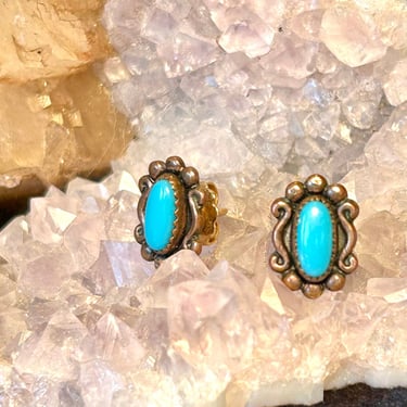 Turquoise Stud Earrings Bezel Set Gemstones Silver Tone Vintage Jewelry Retro Gift 