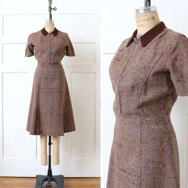 vintage 1930s zip front dress • brown flecked wool tailored day dress with puff sleeves & pockets 
