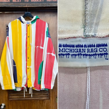 Vintage 1980’s Size XL “Michigan Rag” Paint Stroke Cotton Hooded Beach Jacket, 80’s Snap Button Jacket, Vintage Clothing 