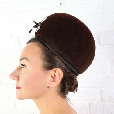 1960s Brown Wool Bubble Hat | 60s Brown Wool Velour High Crown Hat | Twiggy 