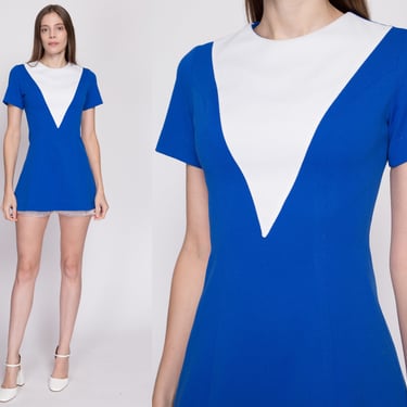 XS 60s 70s Mod Micro Mini Cheerleader Dress | Vintage Blue White Color Block Cheer Uniform 