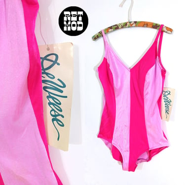 DEADSTOCK Vintage 60s 70s Pink Color Block One-Piece Swimsuit by DeWeese Designs 