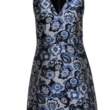 Alice &amp; Olivia -  Blue, Black &amp; Grey Paisley Jacquard Sleeveless Dress Sz 2