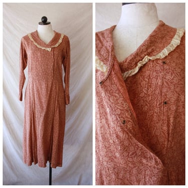 1920s Autumnal Leaf Print Dress Long Sleeve Sheer Size M / L 