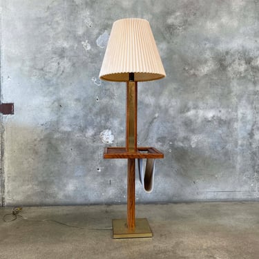 Mid Century Oak & Brass  Floor Lamp w/Suede Magazine Rack