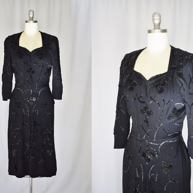 Vintage 1940s Sequin Clubs Dress | M | 40s Black Rayon Cocktail Dress with Sequined Clover / Floral Design 