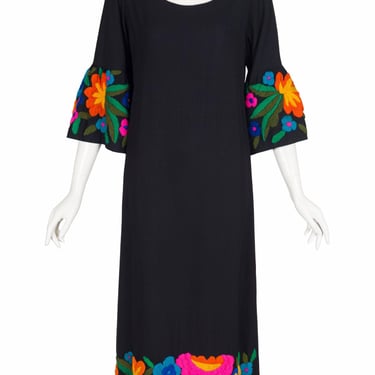 El Estudio 1970s Mexican Floral Yarn Embroidered Vintage Black Maxi Dress Sz M 