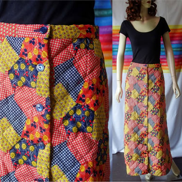 70s quilted patchwork maxi skirt XS, winter groovy ditsy floral hippie clothing or long hostess button up a line dress in blue, red,  yellow 