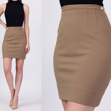 70s Taupe Wool Mini Pencil Skirt - Extra Small, 24" | Vintage Minimalist High Waist Fitted Secretary Miniskirt 