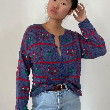 90s embroidered cardigan sweater / vintage indigo blue red hearts handknit embroidered cotton cardigan popcorn sweater | Large 