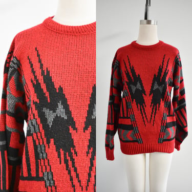 1980s Red, Gray, and Black Geometric Sweater 