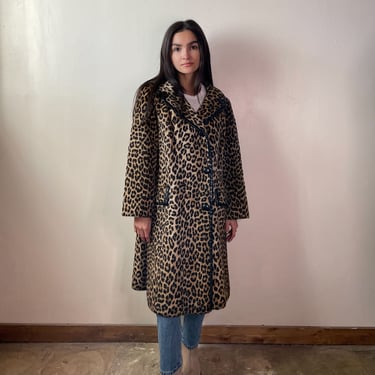 Vintage Modelia Faux Fur Cheetah Safari Coat with Leather Piping
