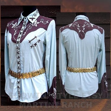 Vintage Retro Women's Cowgirl Western Shirt by Martini Ranch, Pale Green & Brown with Floral Embroidery, Tag Size Medium (see meas. photo) 