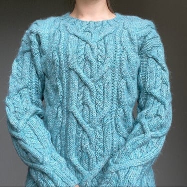 Vintage Hand Knit Wool Blue Irish Fisherman Warm Chunky Cable Knit Sweater Sz M 