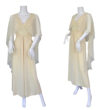 1970's Pale Yellow Chiffon Angel Wing Poly Maxi Dress I Sz Med 