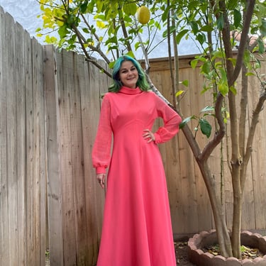 Vintage 1970’s Pink Maxi Dress with Lace Cut Out Sleeves 