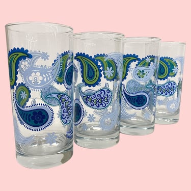 Vintage Crisa Drinking Glasses Retro 1980s Bohemian + Libbey + Clear Glass + Blue/Green Paisley + Set of 4 + Water Tumblers + Kitchen Drink 