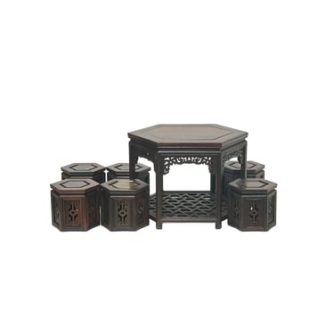 Chinese Set of 7 Hexagonal Table Stools Wood Miniature Display Art ws4277E 