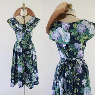 tie back garden dress - s/m - vintage womens 90s 1990s floral cute cottage cottagecore size small medium blue 