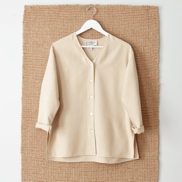 vintage ecru silk shirt, 90s v neck button up blouse 