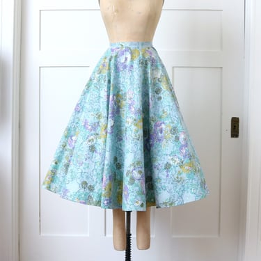 vintage 1950s circle skirt • pastel blues & purple flocked abstract floral full skirt 