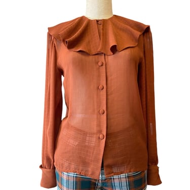 Vintage 1970s sheer rust blouse with shawl collar, upper class, medium, button front, ruffled neckline, 36 bust, secretary 