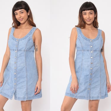 Denim Mini Dress 90s Empire Waist Jean Overall Dress Retro Button Up Jumper Sleeveless Blue Grunge Pinafore Vintage 1990s Cotton Small S 