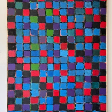 66 x 48 Original Abstract Mid Century Modern Colorful Checkerboard Painting by Harold Feist 1970s 