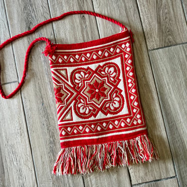 70s boho tapestry crossbody bag ethnic red floral sling purse 