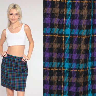 Plaid Mini Skirt 90s Black Checkered Skirt School Girl Pencil High Waisted Preppy Clueless Retro Blue Purple Vintage 1990s Small S Petite 