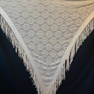 vintage lace shawl cream metallic fringed wrap bohemian piano shawl 