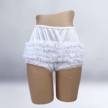 VINTAGE 80s 90s White Nylon and Lace Rhumba Ruffle Full Cut Panties XL | 1980s 1990s Double Nylon Gusset Swing Pin-Up Panty | VFG 