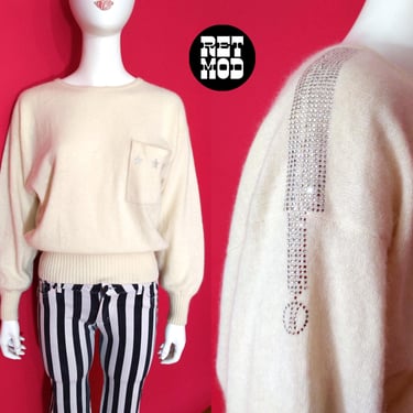 Star Rhinestones Vintage 70s 80s Off-White Angora Fuzzy Disco Sweater by Mirrors of Krizia 