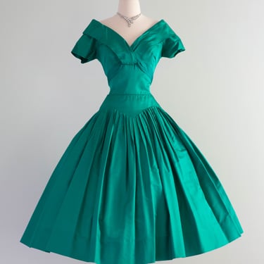 Spectacular 1950's Demi-Couture Emerald Green Silk Party Dress By Rappi / Small