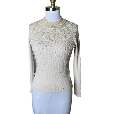 Vintage Belldini White Silk Lurex Blend Beaded Collar Ribbed Sweater, M Flawed 