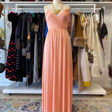 vintage 1970s peach maxi dress, low cut wrap, small, disco style, draped grecian 