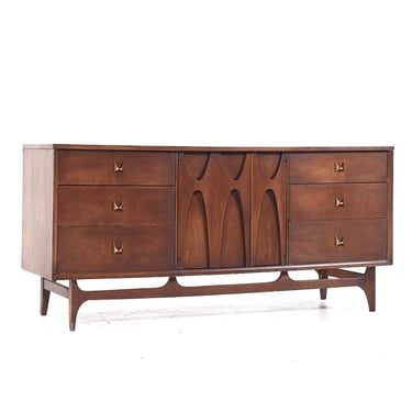 Broyhill Brasilia Mid Century Walnut and Brass 9 Drawer Lowboy Dresser - mcm 