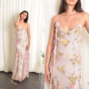 Vintage 1990s Dress / 90s Diane Freis Floral Silk Halter Dress / Pink ( XS S M ) 