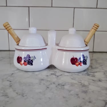 Vintage Houston Harvest Ceramic Jam & Jelly or Condiment Double Server Set Fruit Design Kitchen Storage Kitchen Décor 