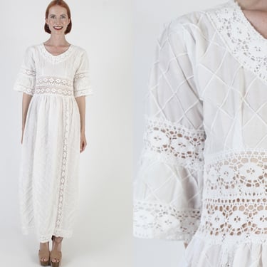 White Mexican Crochet Lace Dress, Vintage Ethnic Wedding Bell Sleeves, Festival Pintuck Cotton Fiesta Maxi 