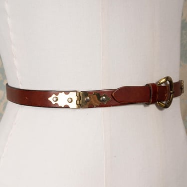 1970s Brown Leather Belt with Decorative Brass Hinges and Buckle 