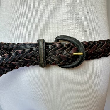 90’s black Leather belt~ Braided woven leather belts~ slim dress belt~ skinny belt 1990’s trousers belt open size XL up to 41” waist 